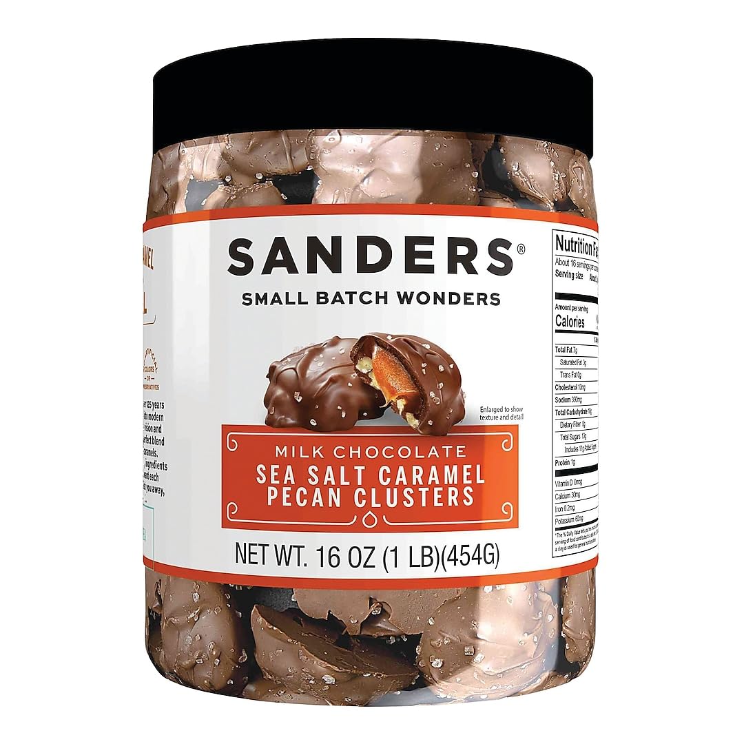 Sanders milk chocolate sea salt caramel pecan clusters in 16 oz tub, ideal for gifting