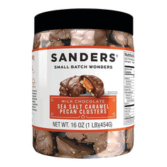 Sanders milk chocolate sea salt caramel pecan clusters in 16 oz tub, ideal for gifting