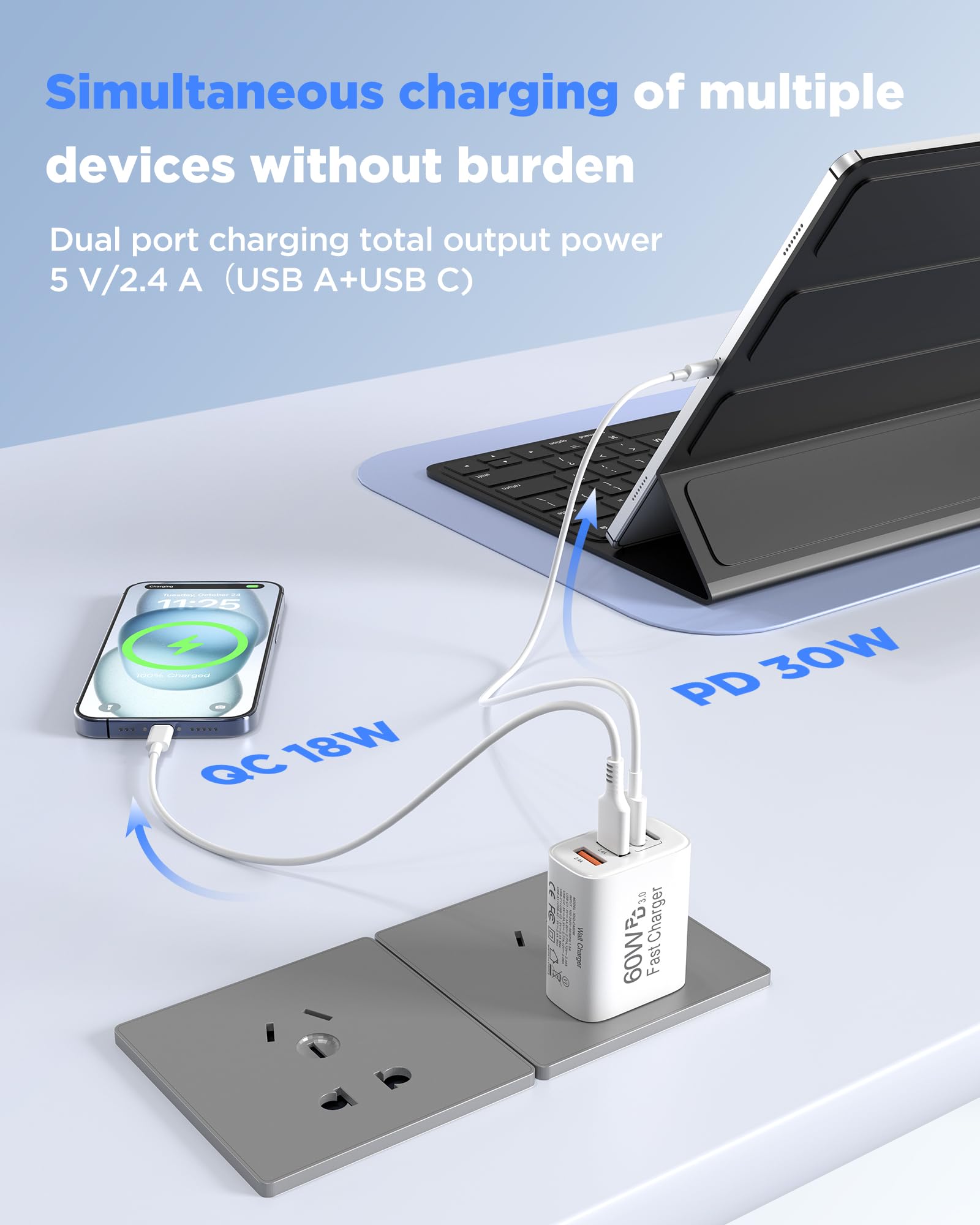 SandFox 60W USB-C charger block on a tidy desk setup, saves space.