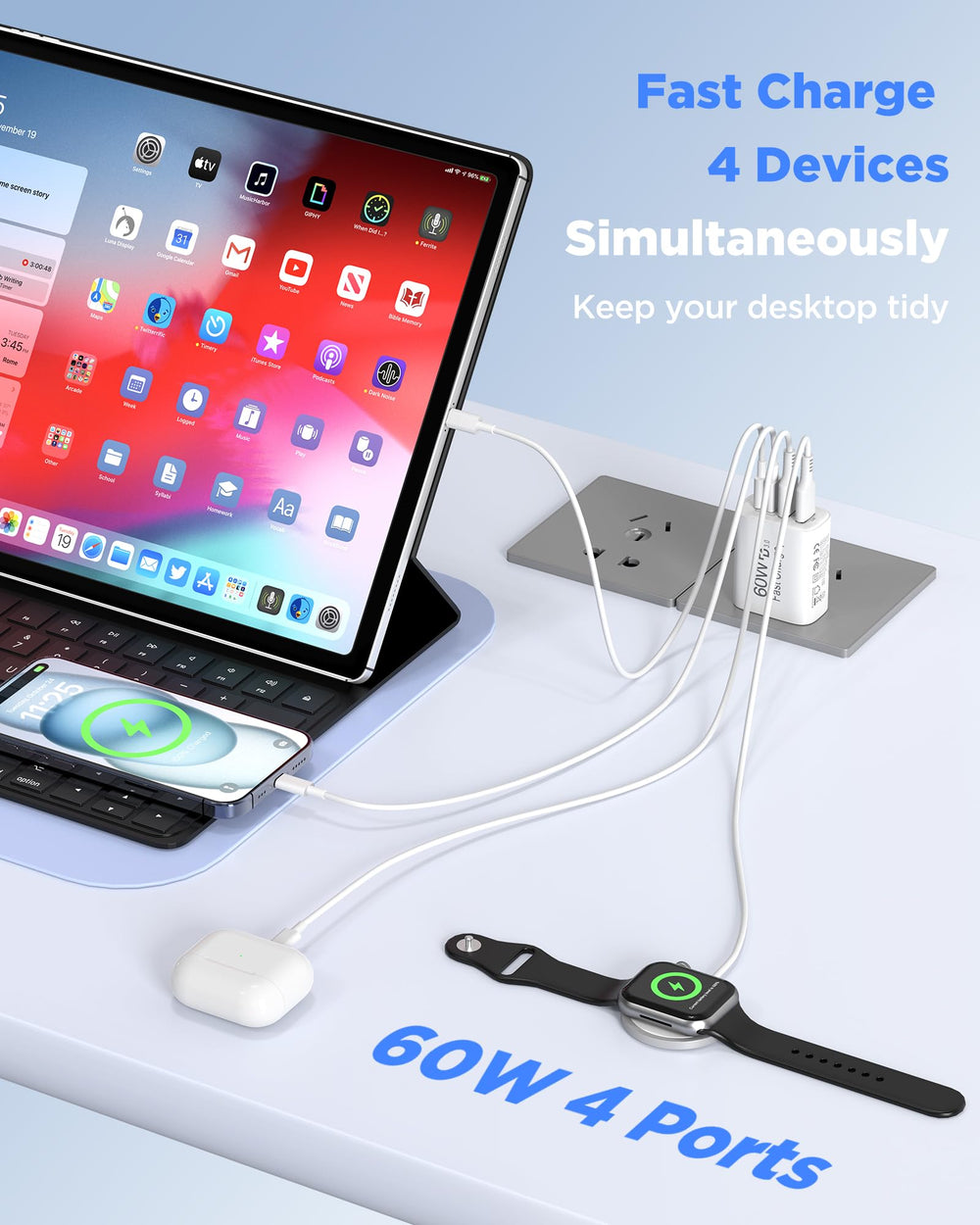 SandFox 60W USB-C charger block in use charging iPhone and iPad simultaneously.