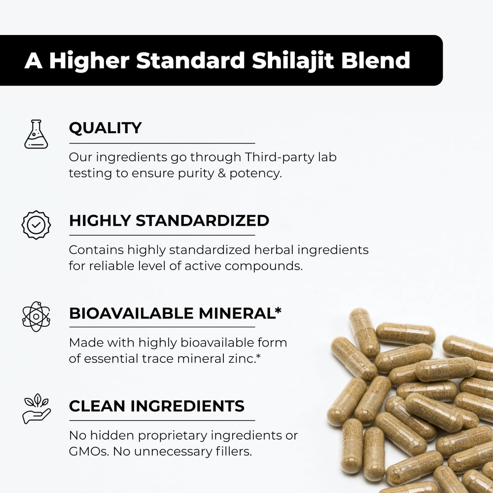 Close-up of SANDHUHERBALS Ashwagandha Shilajit capsules for balanced energy and focus