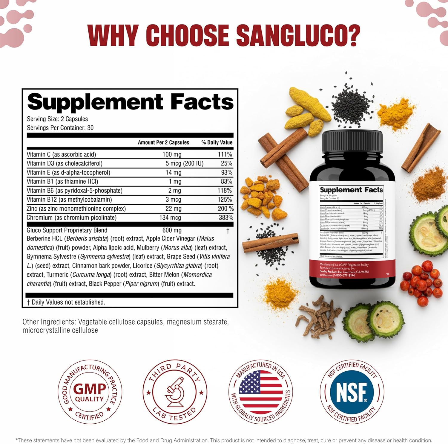 NSF-certified facility badge associated with Sandhu's Blood Sugar Support Complex