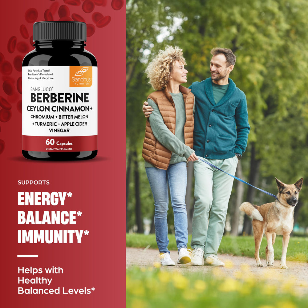 Packaging of Sandhu's Blood Sugar Support Complex highlighting dietary-free formula