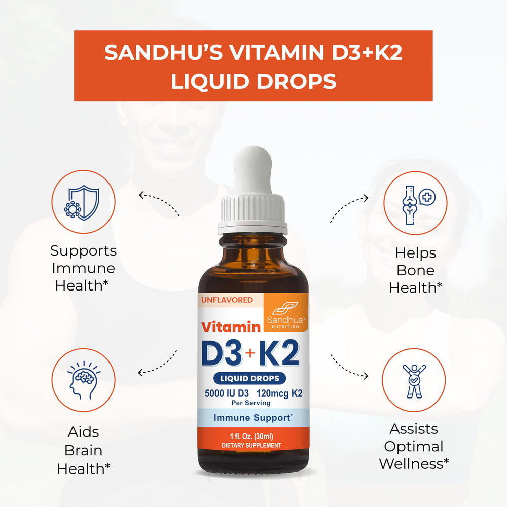 Sandhu's D3K2 unflavored drops in a dropper.