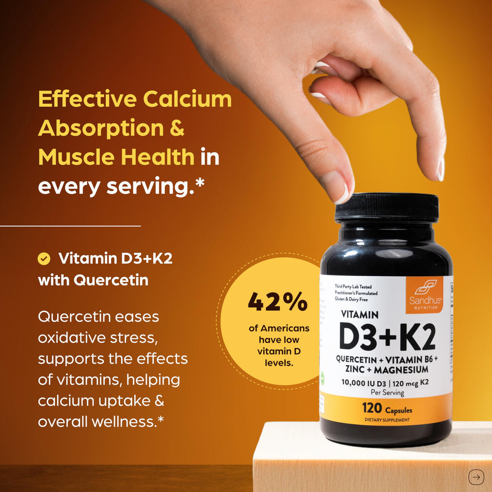 Sandhu's D3K2 Magnesium capsules front label highlighting calcium absorption