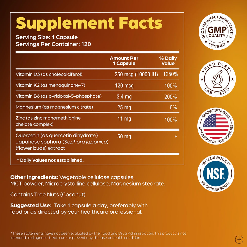 Sandhu's D3K2 bottle with 120-count packaging for daily supply