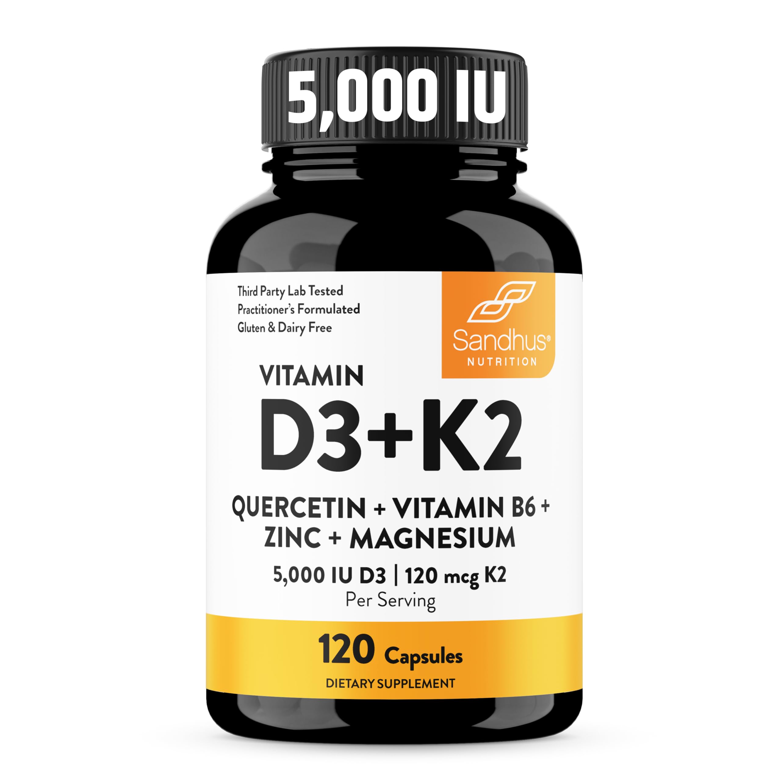 Sandhu's D3 K2 Magnesium bottle front highlights a daily wellness staple for energy and bone support.