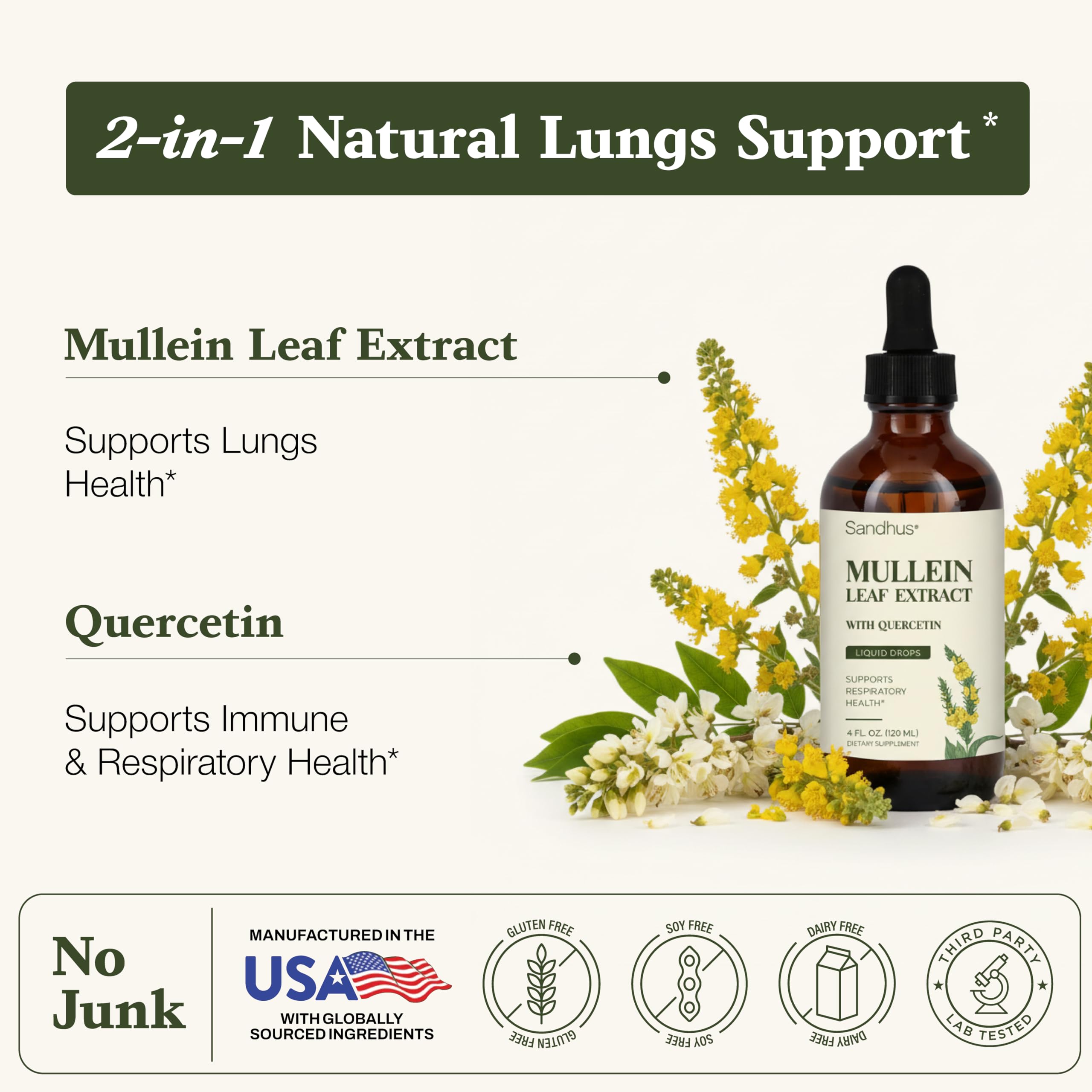 Label highlights mullein and quercetin ingredients on Sandhu's Mullein Drops