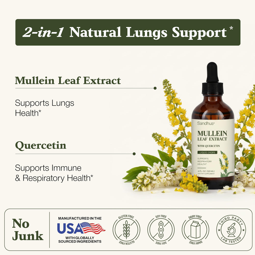 Label highlights mullein and quercetin ingredients on Sandhu's Mullein Drops
