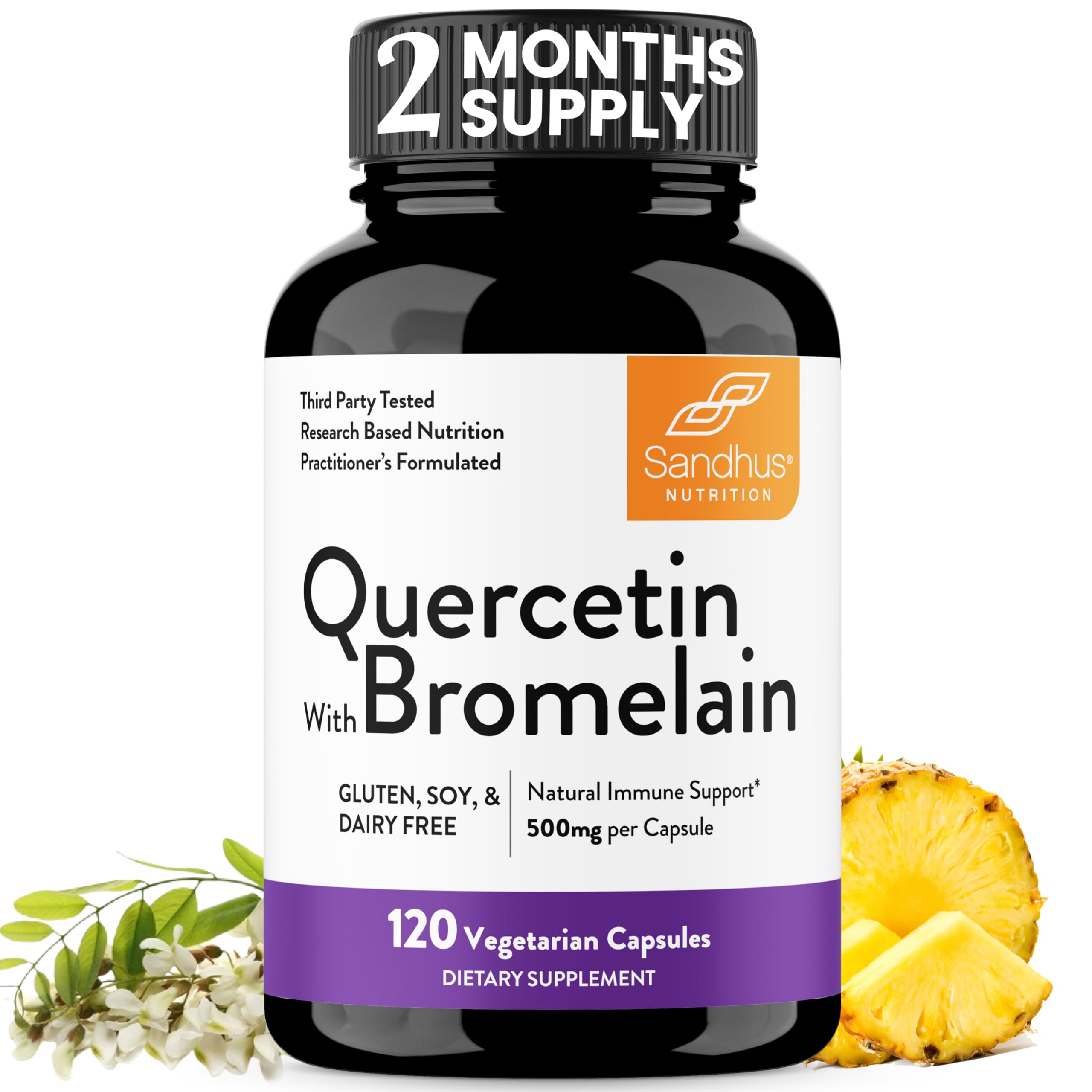 Sandhu's quercetin-bromelain bottle illustrating high-absorption immune support.