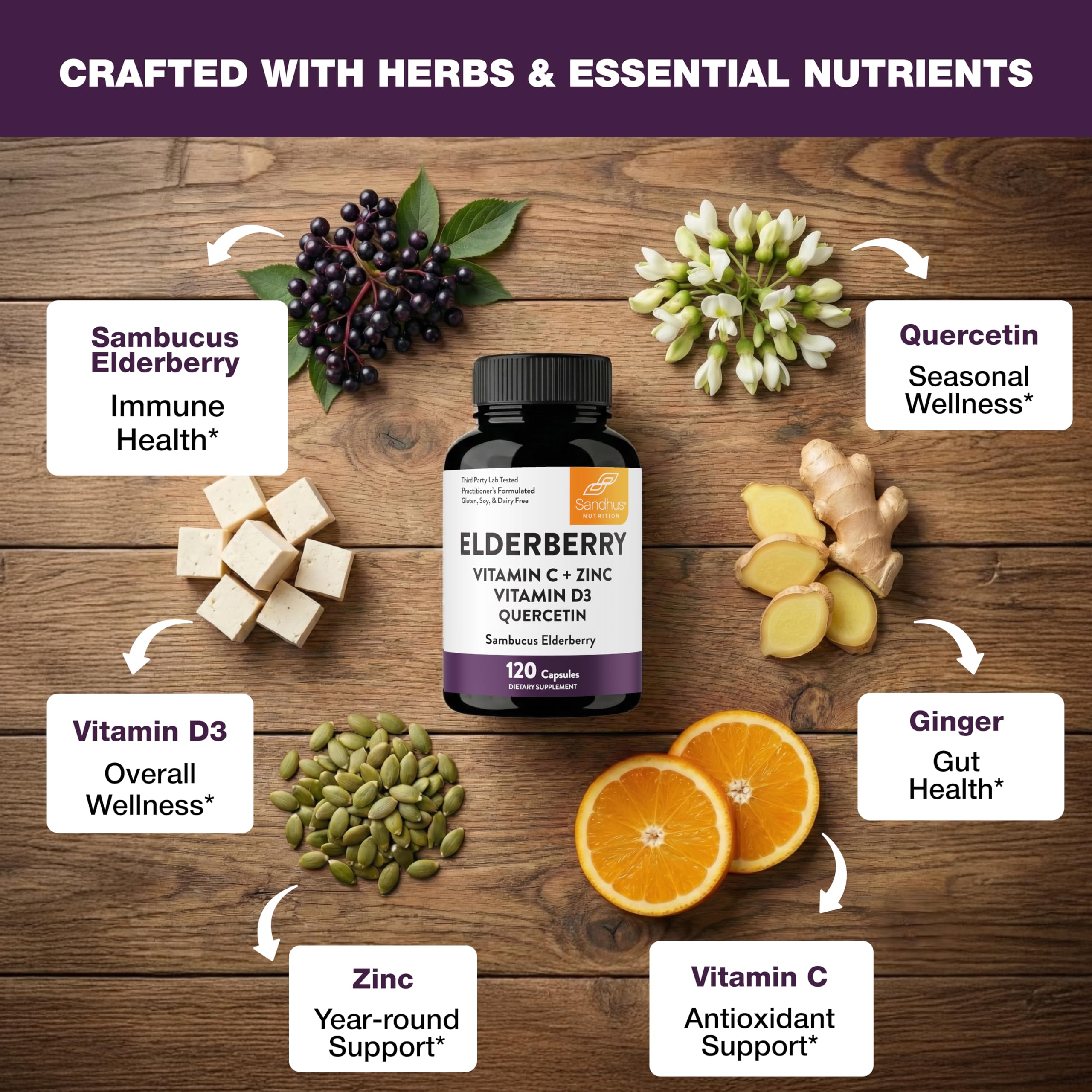 Sandhu's USA-made elderberry supplement bottle on a kitchen shelf.