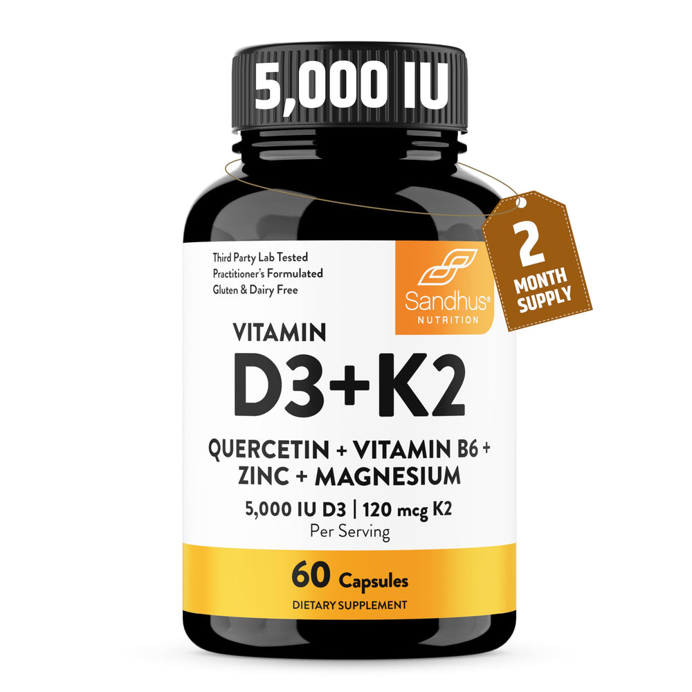 Sandhu's Vitamin D3 K2 Magnesium bottle promotes daily calcium absorption and overall wellness.