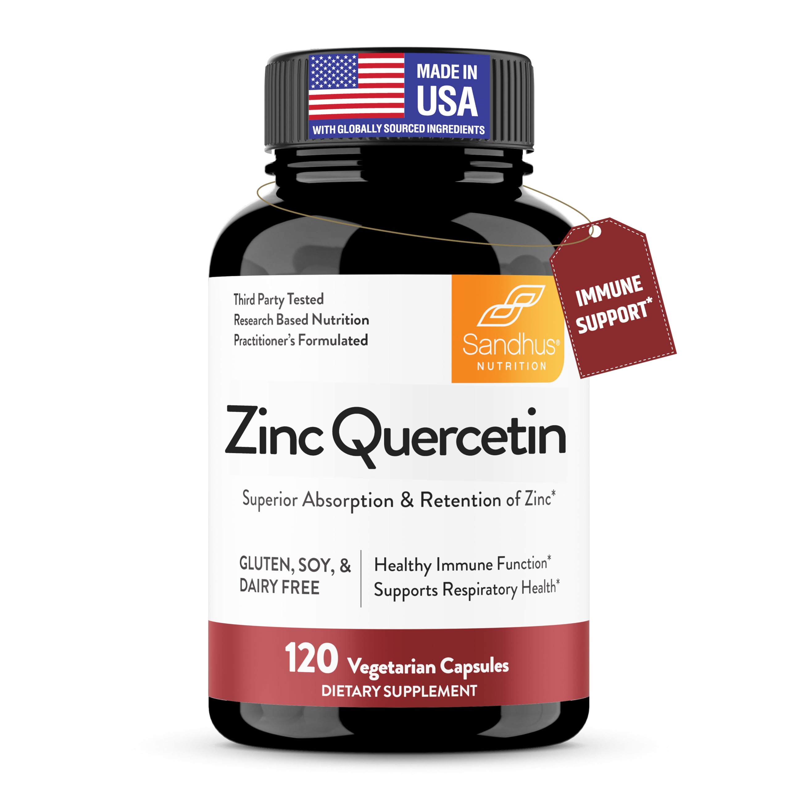 Sandhu's Zinc Quercetin bottle front; easy-to-swallow capsules for daily wellness.