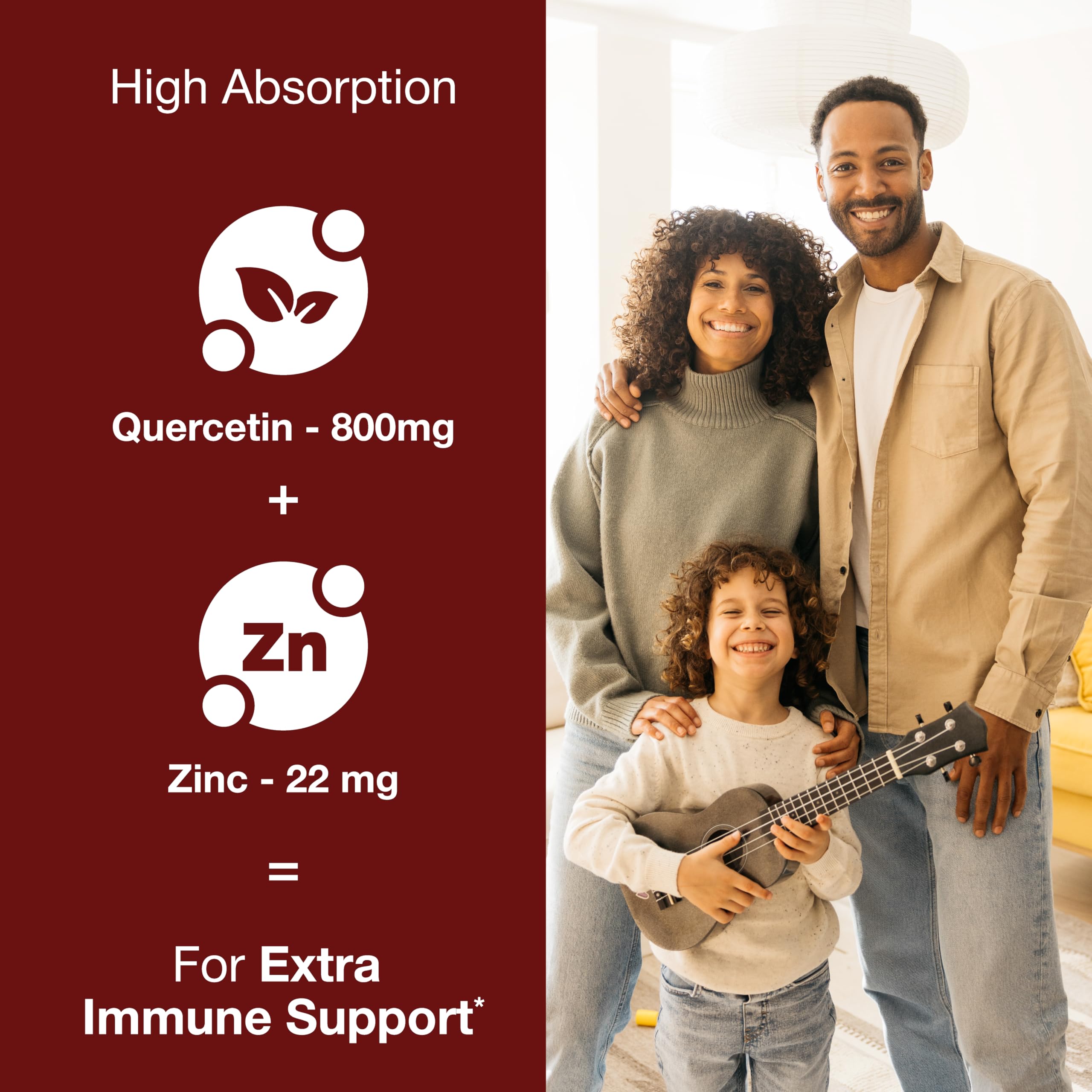 Close-up of Sandhu's Zinc Quercetin capsules; compact vegetarian capsules for daily use.