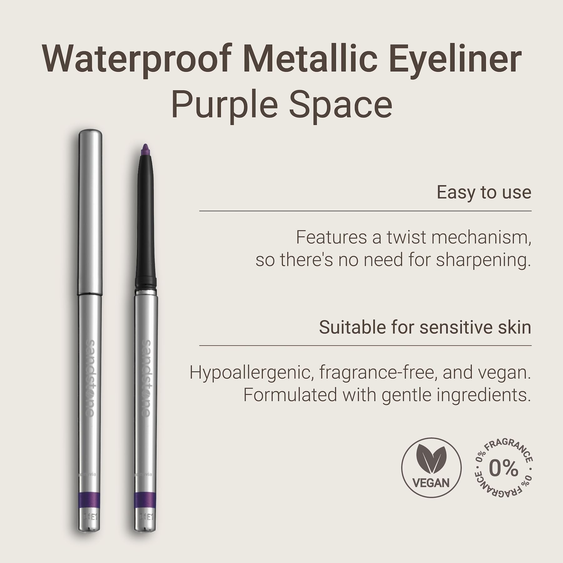 Sandstone Scandinavia Eyeliner Purple fragrance-free formula for sensitive eyes.