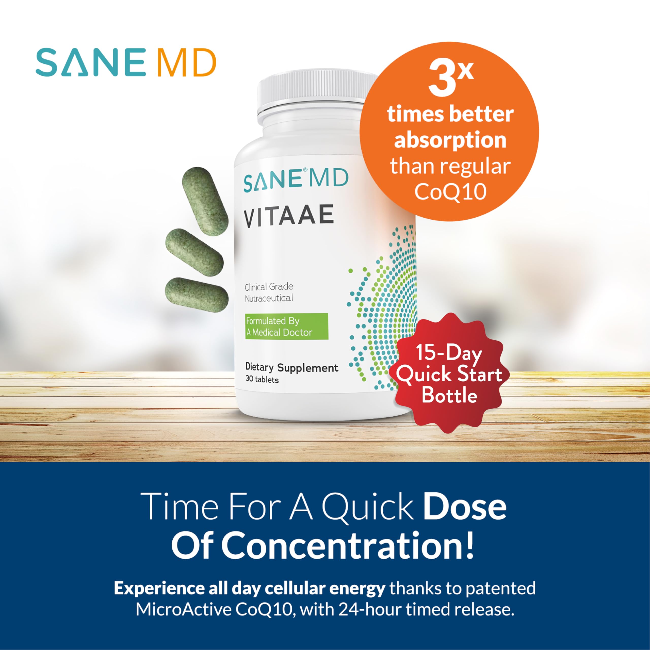 SANE Vitaae capsules on wooden surface with greenery.