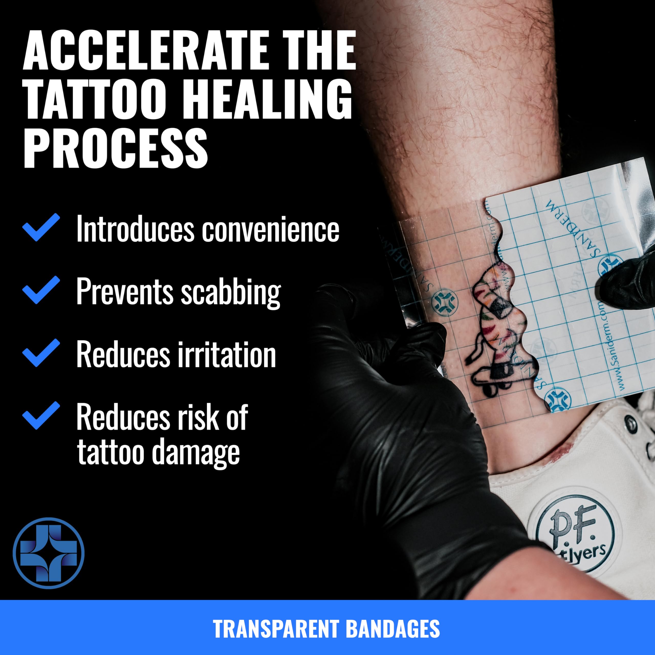 Close-up of Saniderm application process supports cleaner tattoo healing.