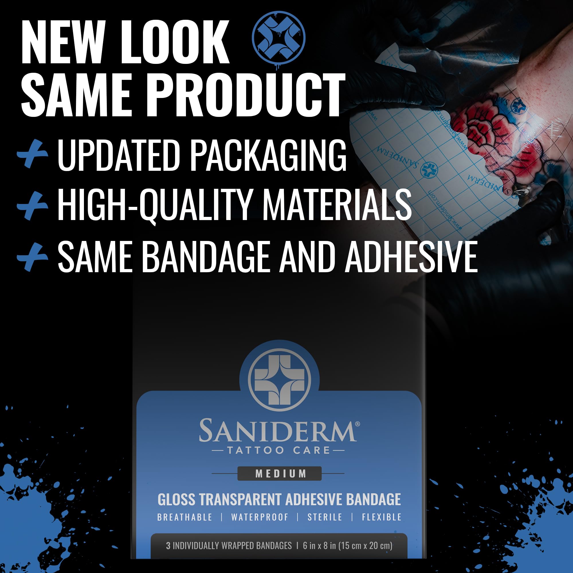 Saniderm bandage on skin demonstrates ready-to-apply protection for healing.