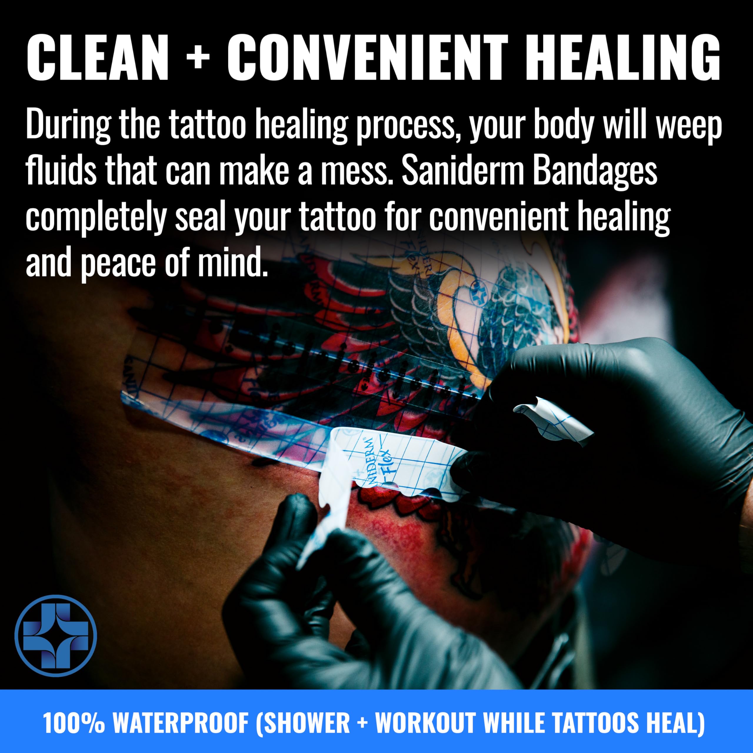 Saniderm Flex bandage on arm tattoo illustrating protected healing.