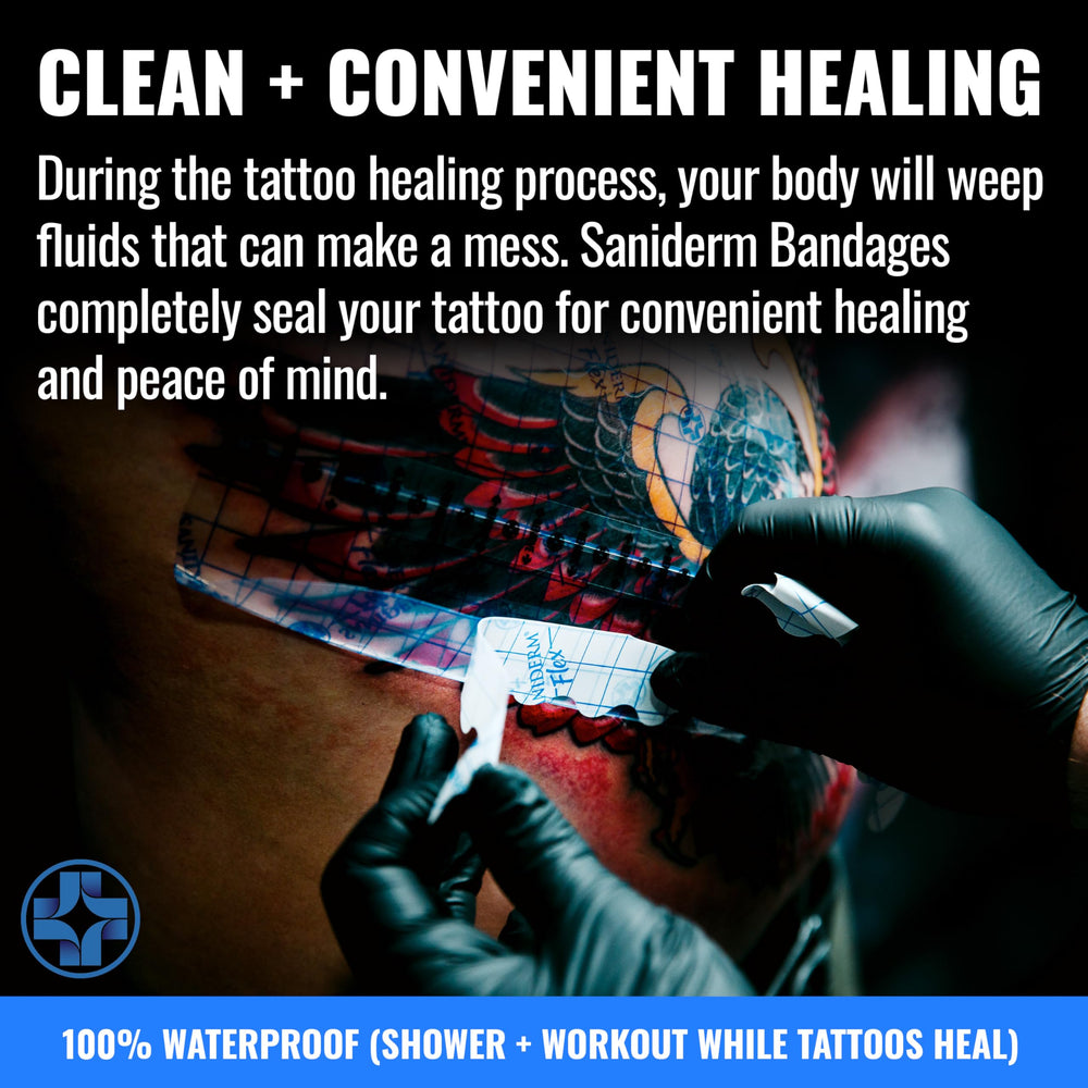 Saniderm Flex bandage on arm tattoo illustrating protected healing.