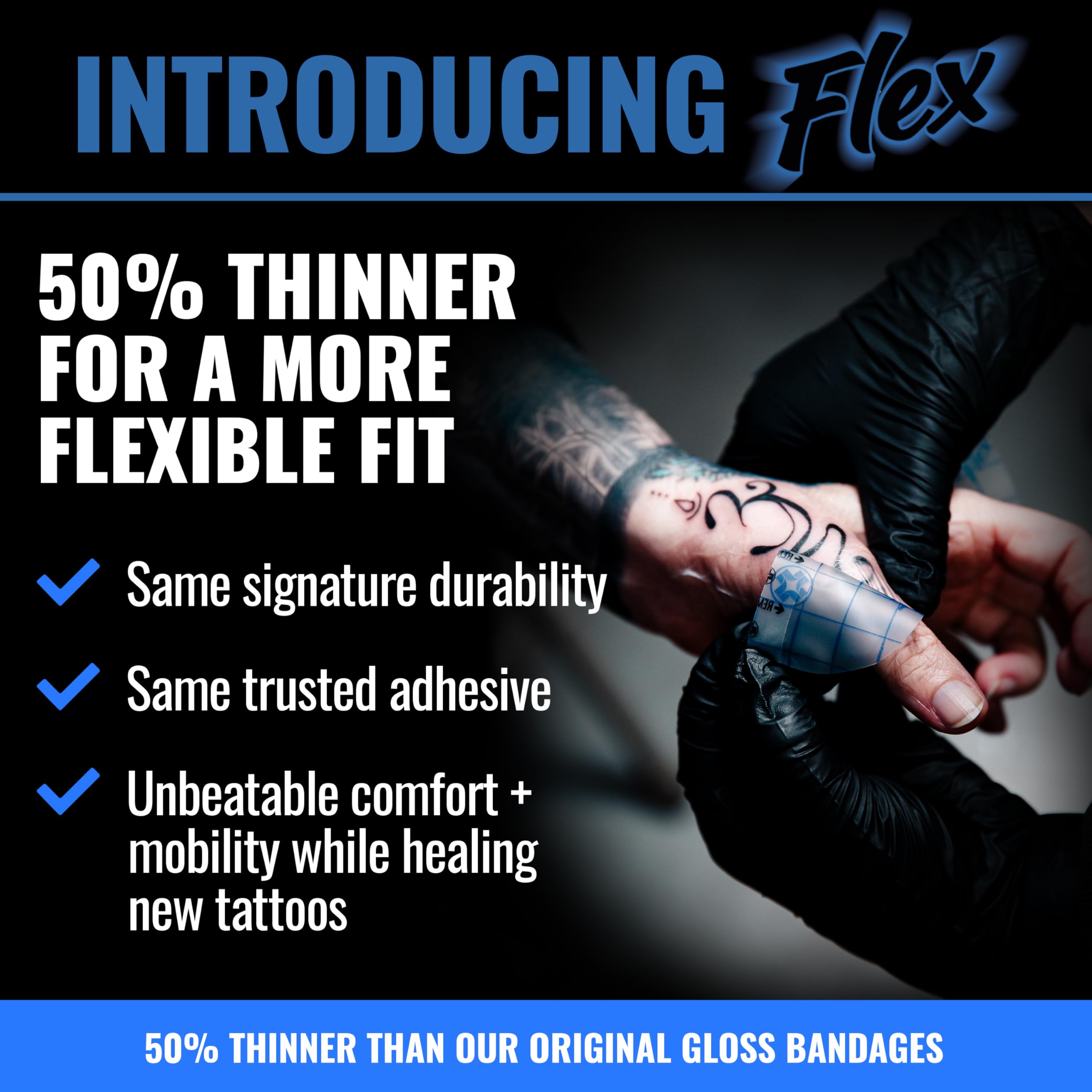 Saniderm Flex matte finish bandage close-up showing non-glare surface for tattoos.