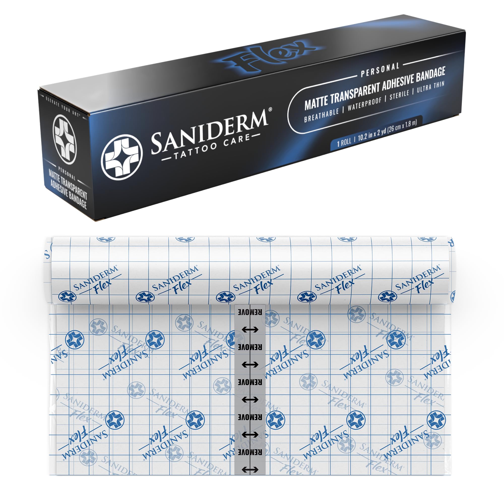 Saniderm Flex tattoo aftercare bandage roll protects fresh ink during daily activities.