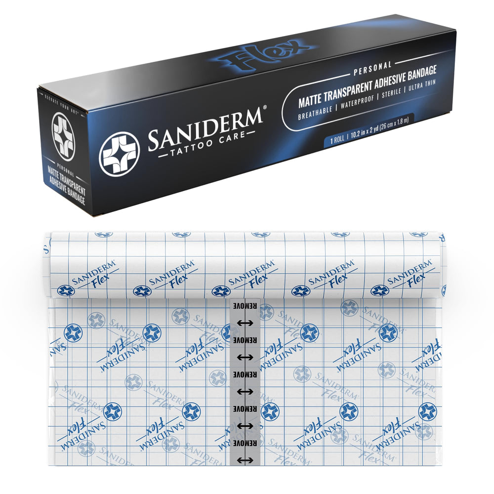 Saniderm Flex tattoo aftercare bandage roll protects fresh ink during daily activities.