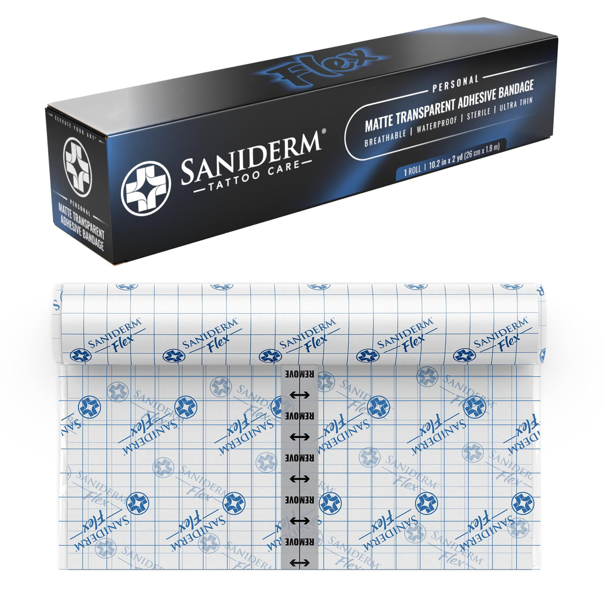 Saniderm Flex tattoo aftercare bandage roll protects fresh ink during daily activities.