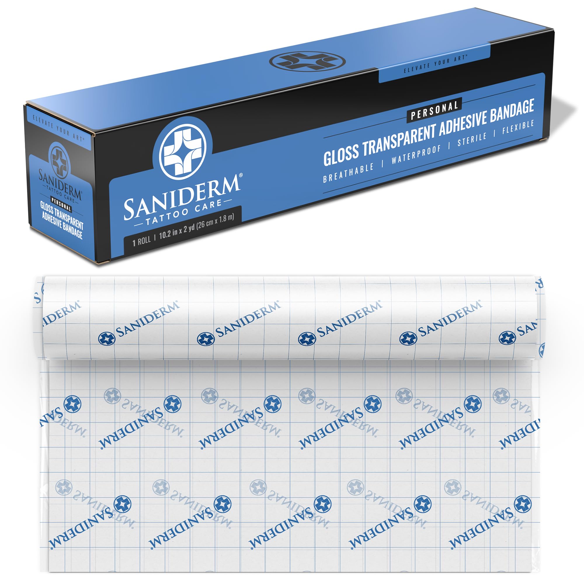 Saniderm Original Bandage packaging shows convenient tattoo aftercare.