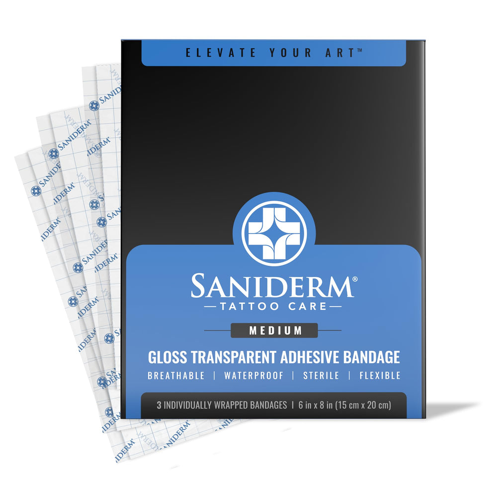 Saniderm original tattoo bandage packaging highlights sterile protection for healing.