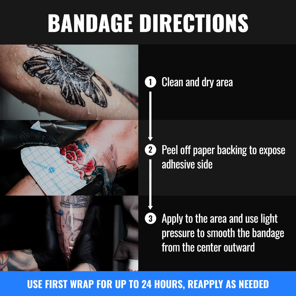 Saniderm tattoo healing scene shows protected fresh ink.