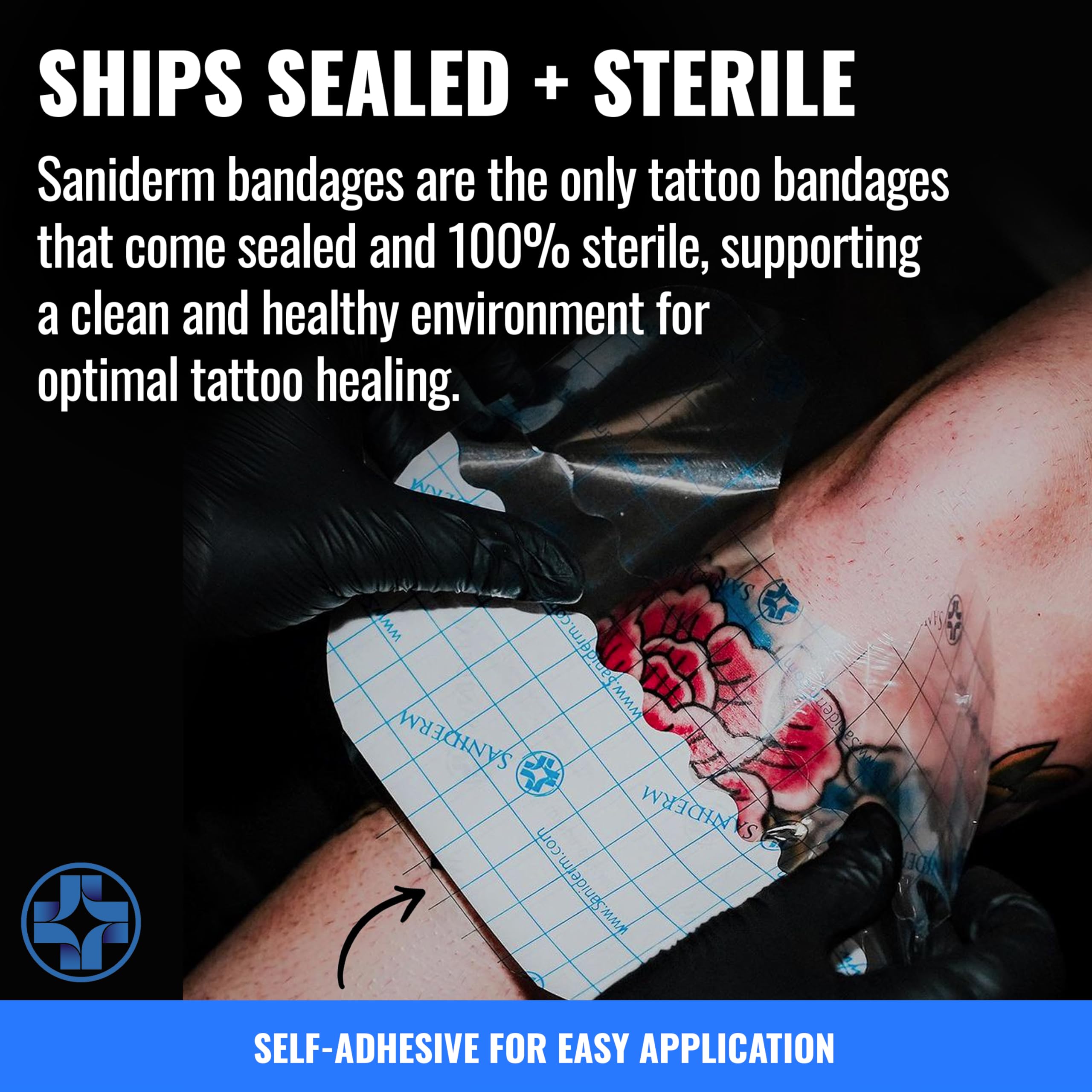 Waterproof Saniderm bandage shown during shower to protect ink.