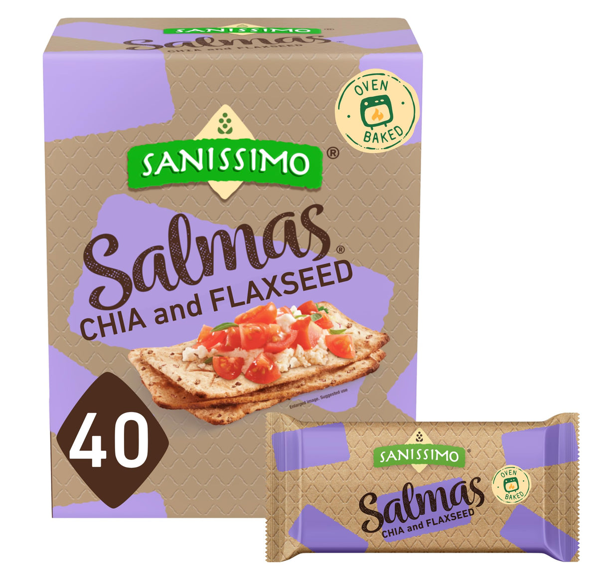 Sanissimo Salmas chia & flaxseed crackers in packaging, ideal for on-the-go snacking.