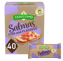 Sanissimo Salmas chia & flaxseed crackers in packaging, ideal for on-the-go snacking.