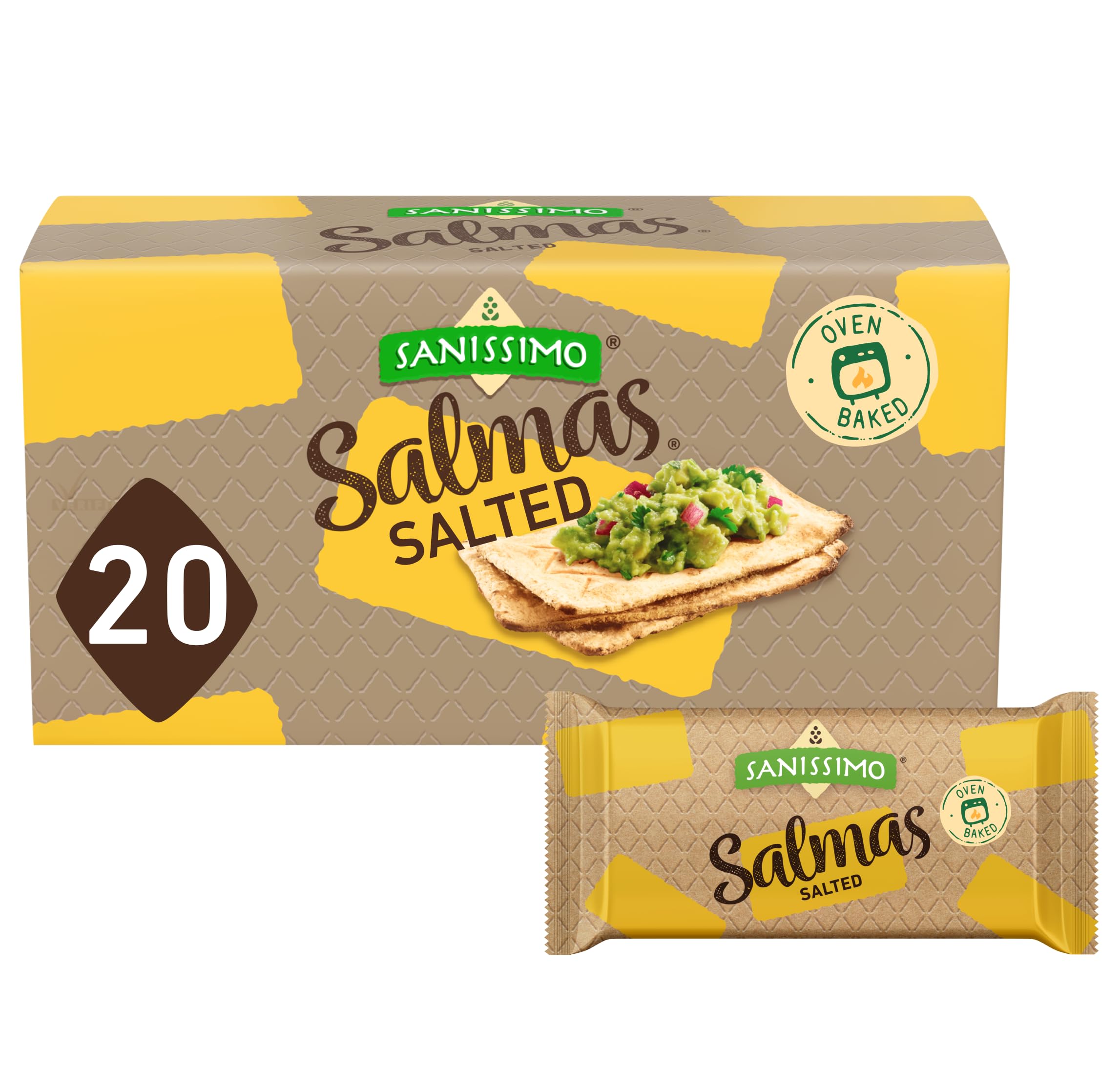 Sanissimo Salmas salted crackers 20-pack for convenient snacking.
