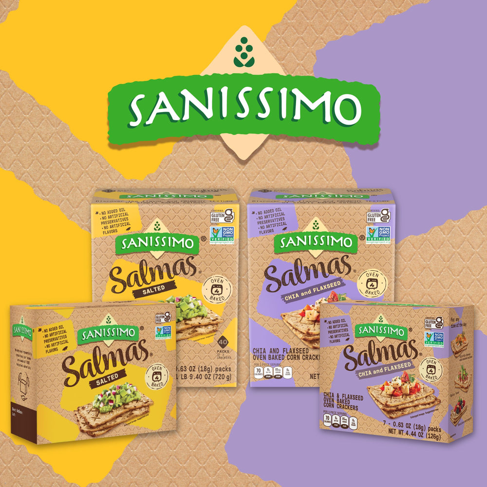 Sanissimo Salmas crackers ingredients note highlights whole grain corn flour.