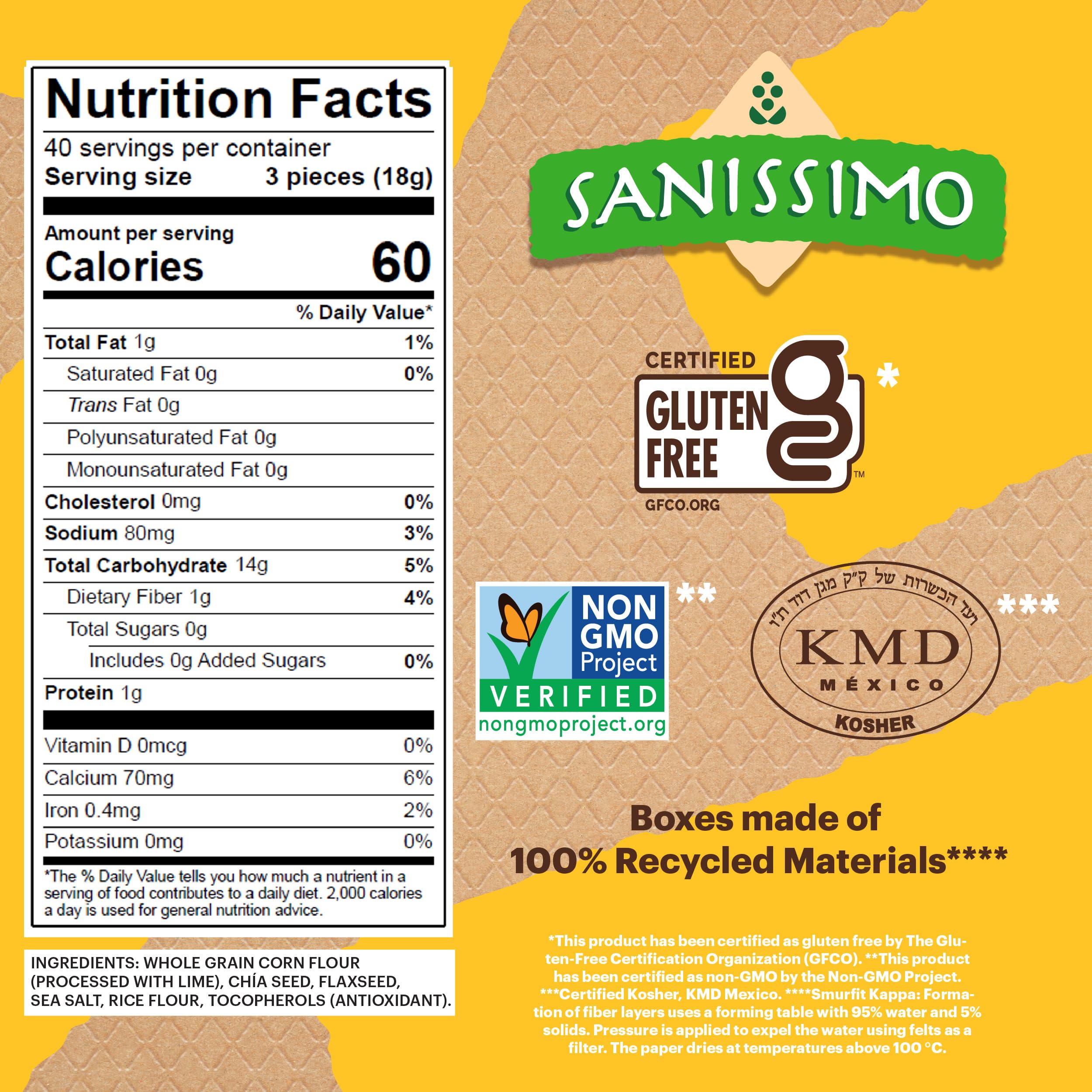 Sanissimo Salmas crackers pack back shows gluten-free and kosher certified claim.