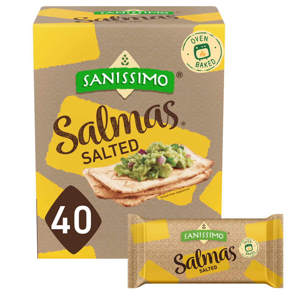 Sanissimo Salmas salted crackers pack front view for easy snacking.