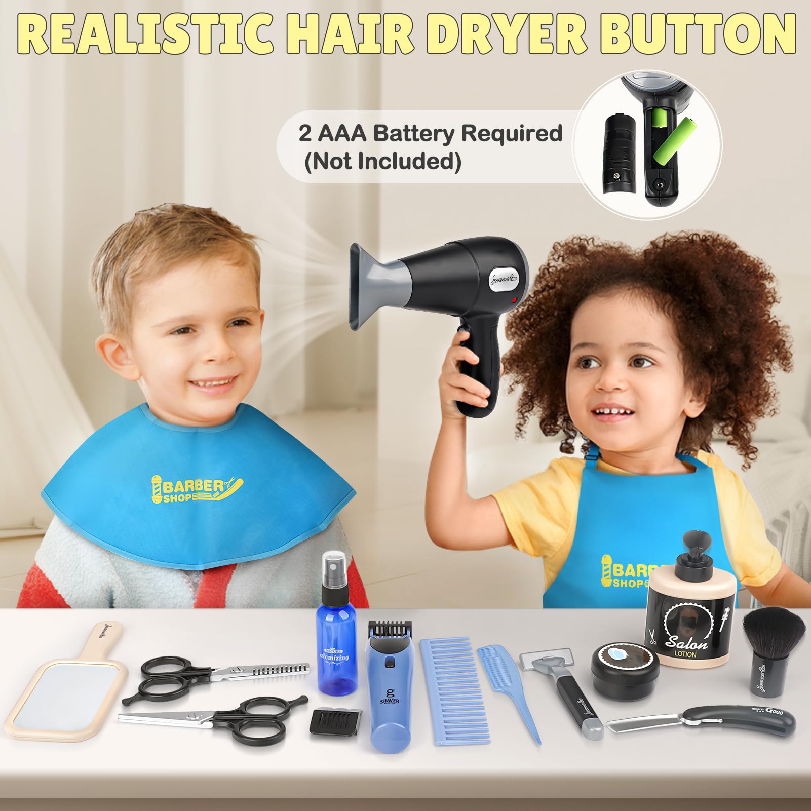 Sanlebi Barber Shop blow-dryer-in-action shows safe, gentle airflow for pretend styling.