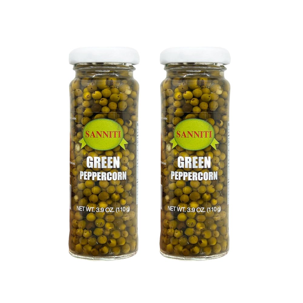 Sanniti green peppercorns in brine in a jar, great for sauces.