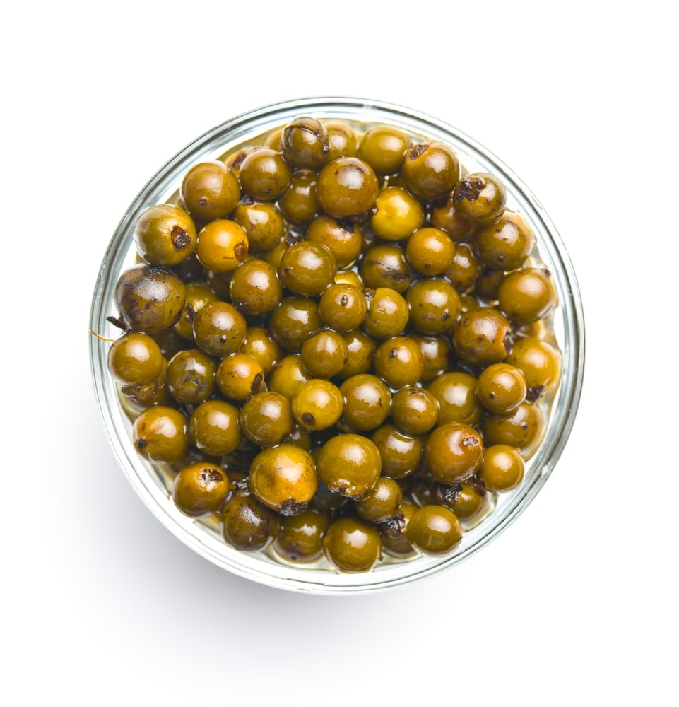 Sanniti green peppercorns in brine ready to top salads.