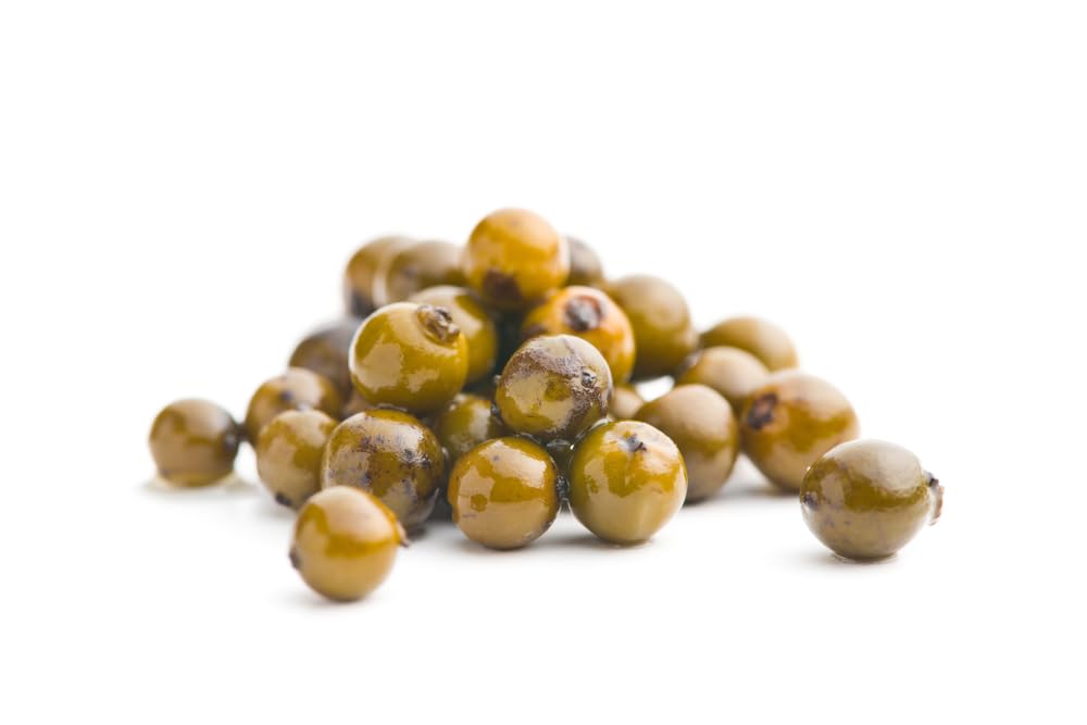 Imported from Spain Sanniti peppercorns in brine packaging.