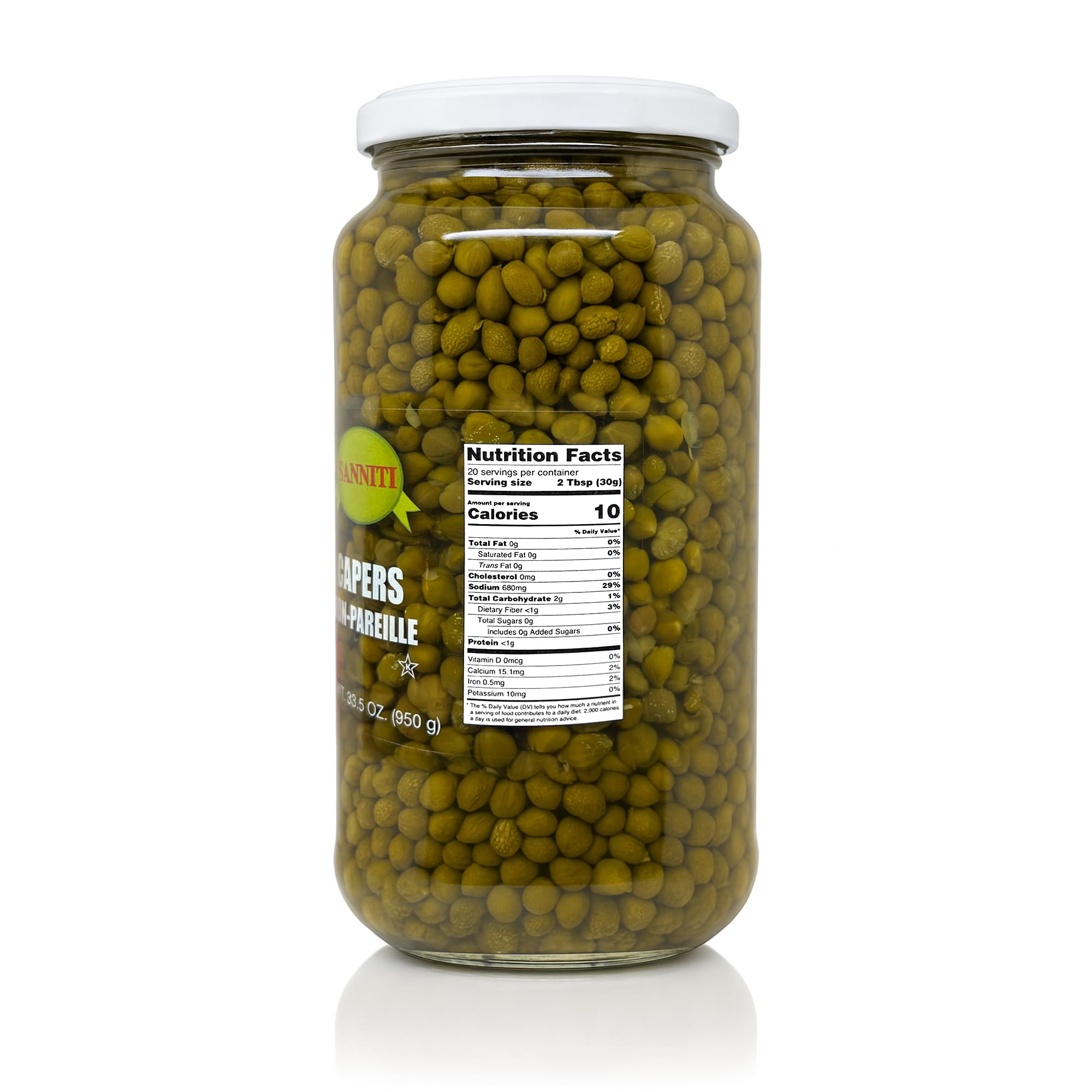 Sanniti capers in brine with label visible, ideal for Mediterranean recipes.