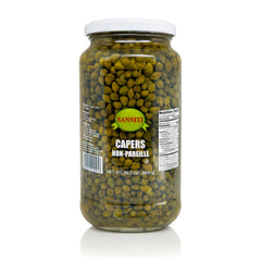 Sanniti Spanish capers jar close-up showing brine and texture for piccata or seafood.