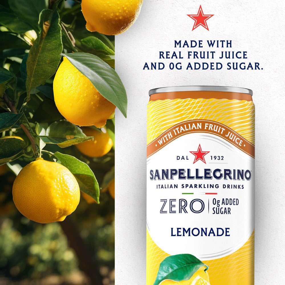 Sanpellegrino Lemonade close-up reveals 15 calories per can