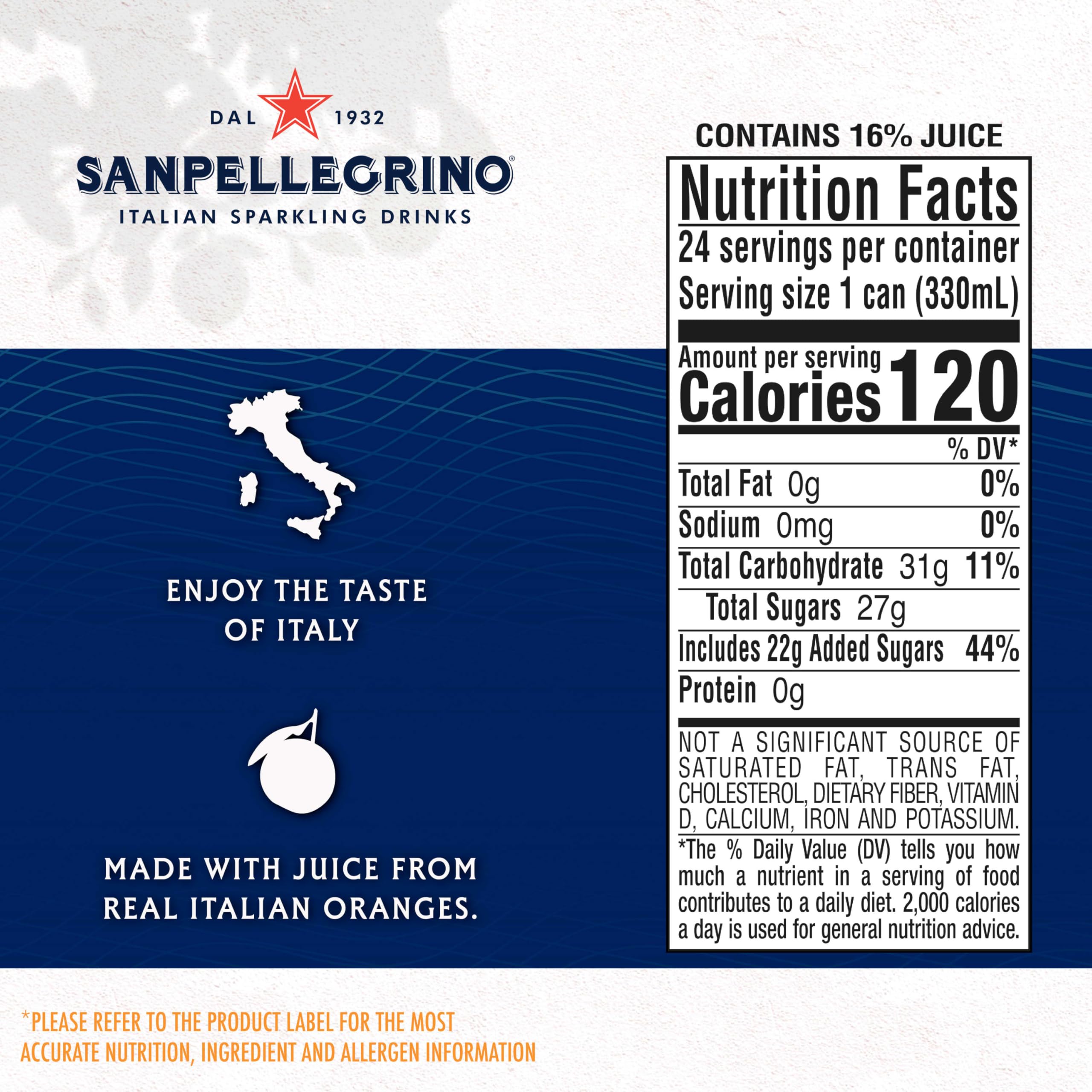 Sanpellegrino Aranciata can closeup highlights natural juice and absence of artificial sweeteners.