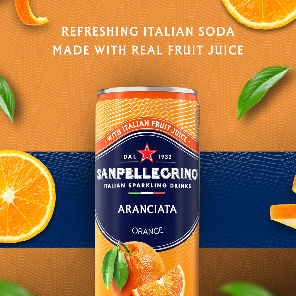 Sanpellegrino Aranciata orange-slice garnish suggests fresh aroma.