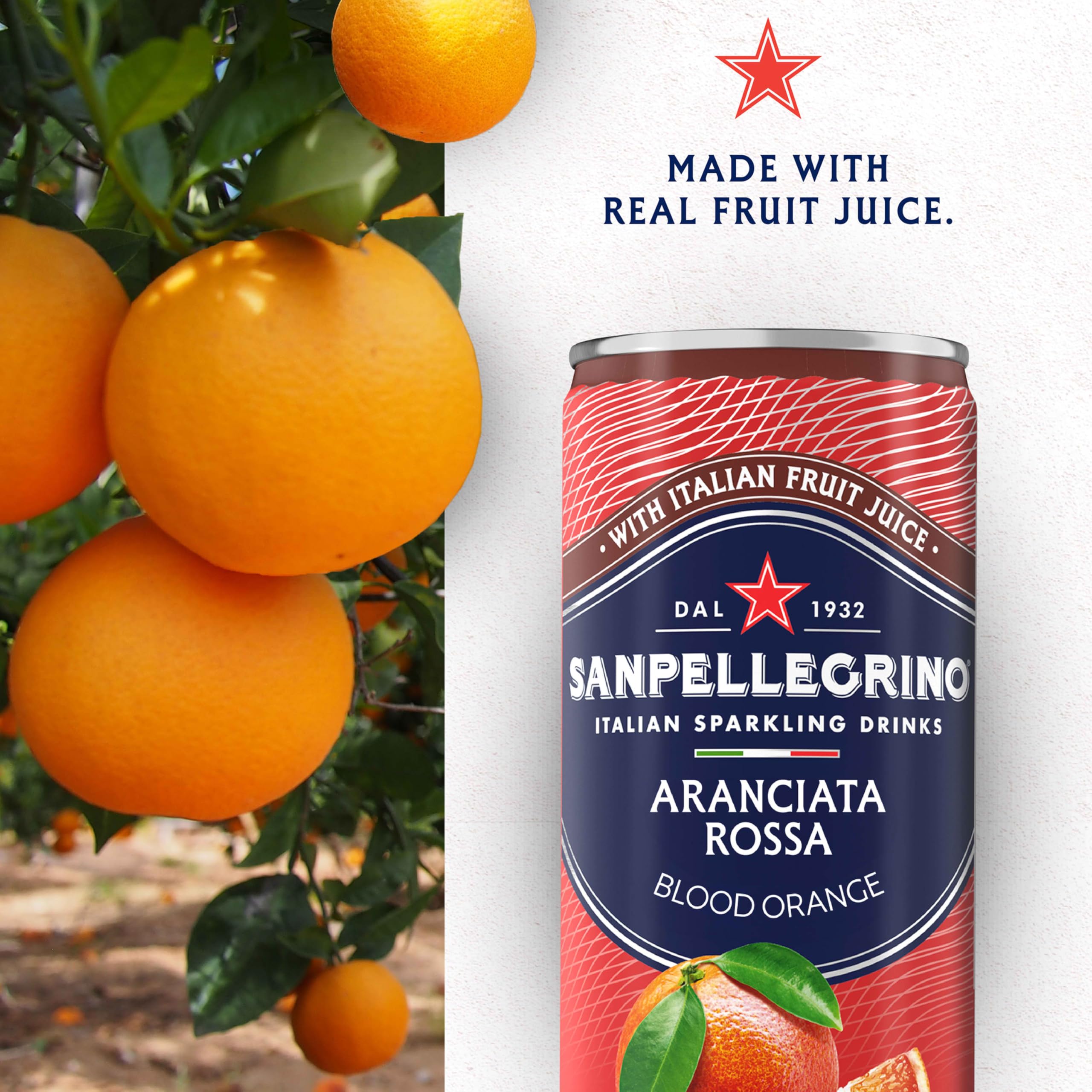 Sanpellegrino Aranciata Rossa close-up of real juice notes.