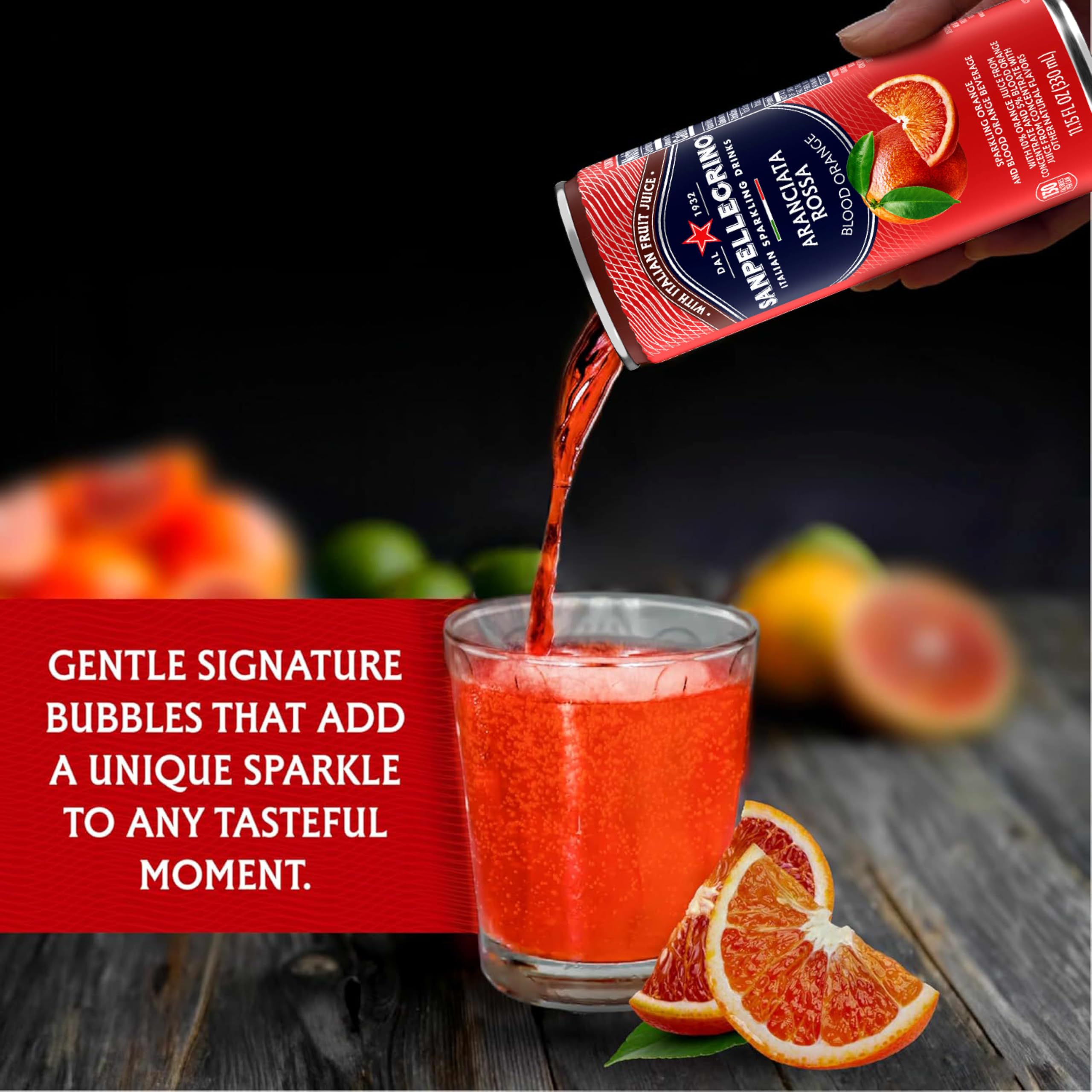 Sanpellegrino Aranciata Rossa garnished with orange slices for a vibrant finish.