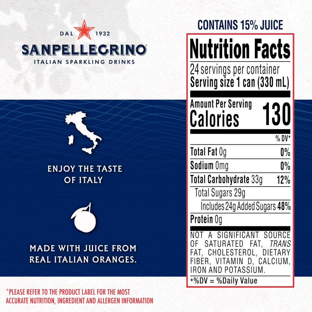 Sanpellegrino Aranciata Rossa glass pour, bright tangy sip perfect for a snack.